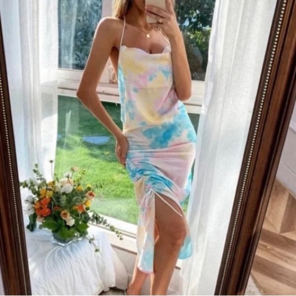 NWT Zara Tie Dye Satin Ruched Halter Dress Women’s size small